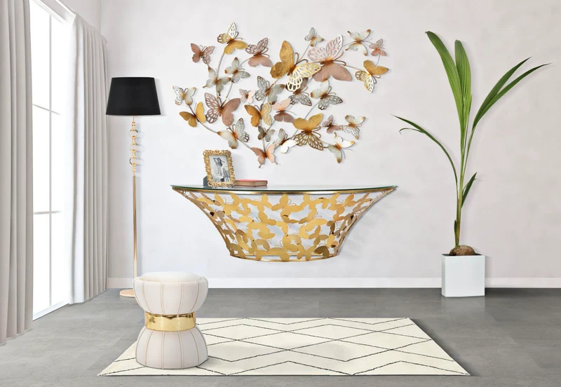 Console da parete semicircolare in metallo dorato con piano in vetro - BUTTERFLIES