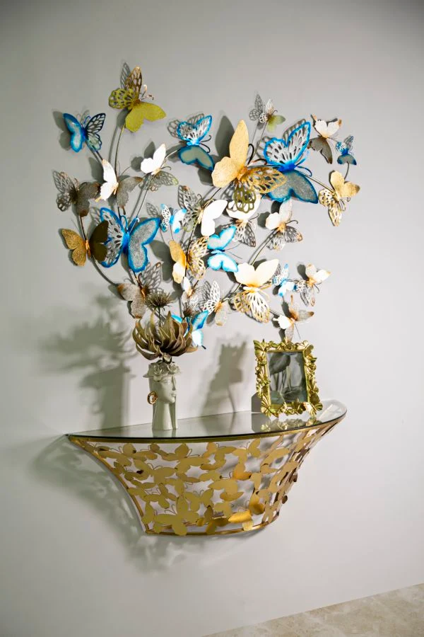 Console da parete semicircolare in metallo dorato con piano in vetro - BUTTERFLIES
