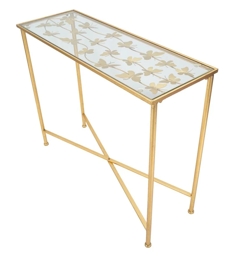 Console in Metallo Dorato con Piano in Vetro e Farfalle - BUTTERFLIES GLASS