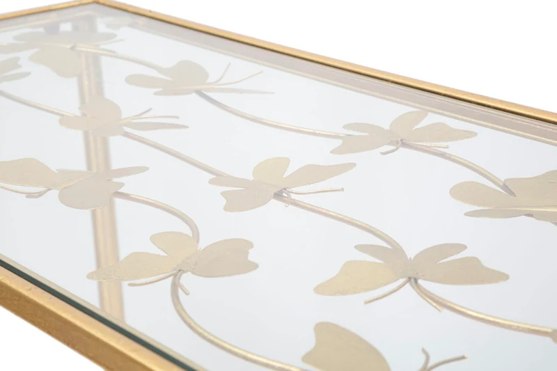 Console in Metallo Dorato con Piano in Vetro e Farfalle - BUTTERFLIES GLASS