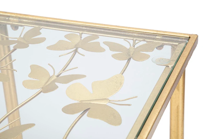 Console in Metallo Dorato con Piano in Vetro e Farfalle - BUTTERFLIES GLASS