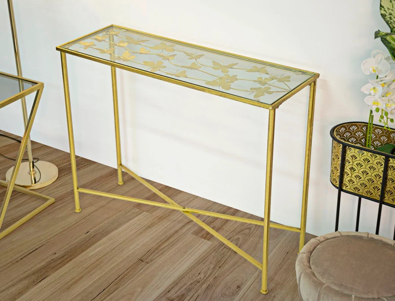 Console in Metallo Dorato con Piano in Vetro e Farfalle - BUTTERFLIES GLASS