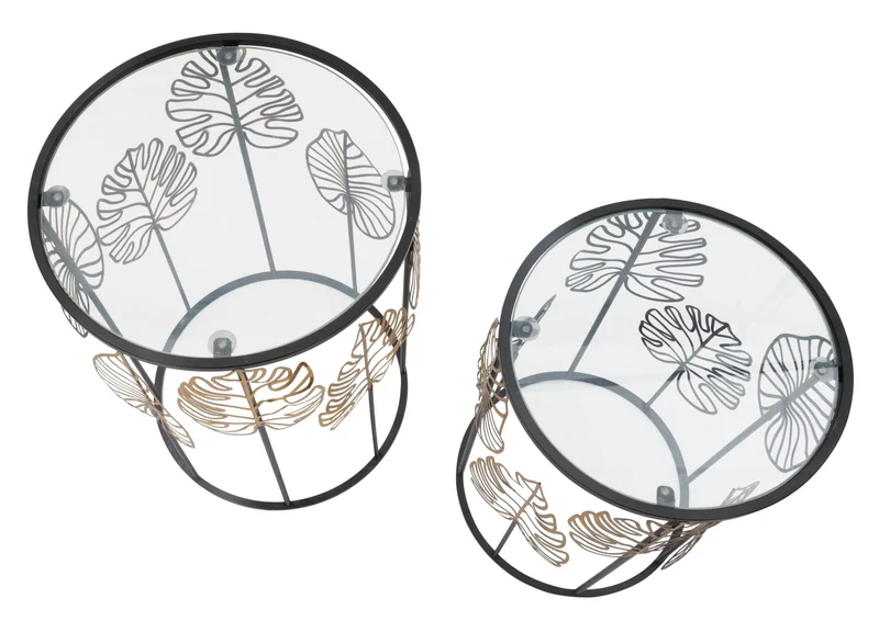 Coppia Tavolini Rotondi in Vetro con Base Metallo e Foglie Dorate - FOGLIE GLAMOPPIA