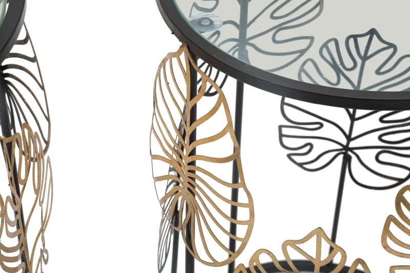 Coppia Tavolini Rotondi in Vetro con Base Metallo e Foglie Dorate - FOGLIE GLAMOPPIA