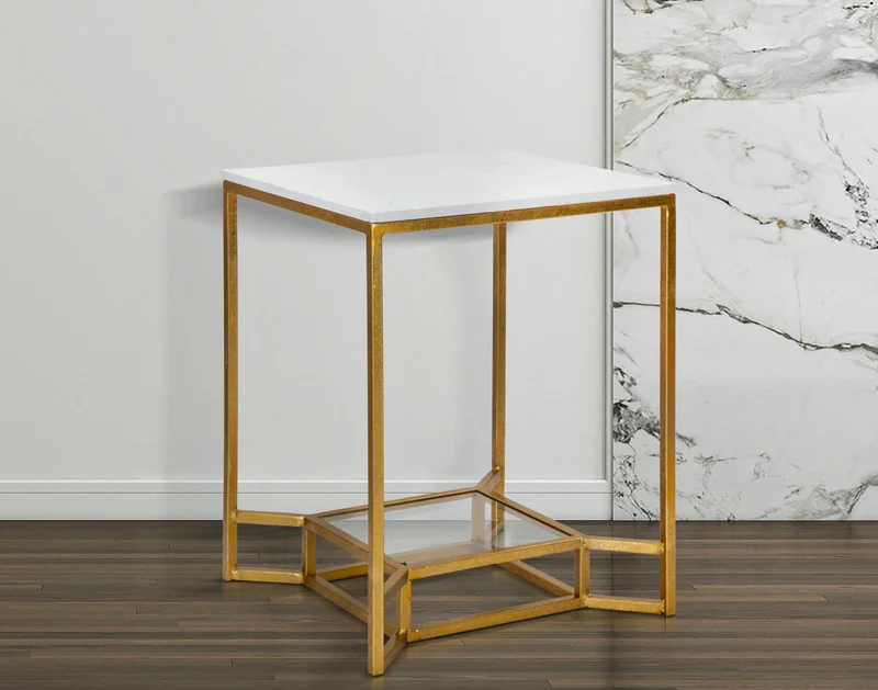 Tavolino da caffè in marmo bianco e metallo dorato con ripiano in vetro - DOUBLE MARBLE