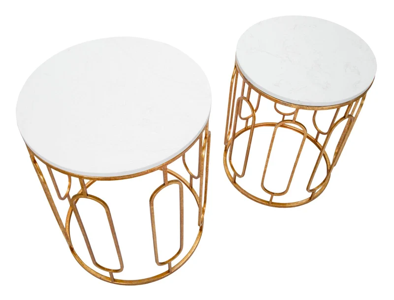 Set 2 tavolinetti rotondi in metallo dorato con piano in marmo bianco - TORY MARBLEOPPIA
