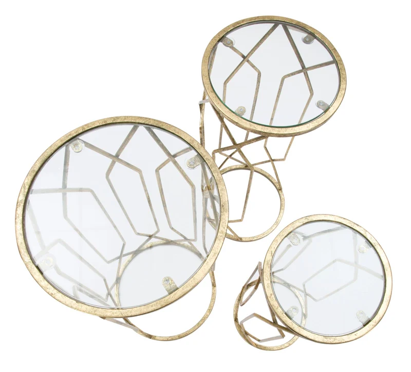 Set tre tavolini portatelefono metallo dorato e vetro rotondi - TUNISIA DOPPIO