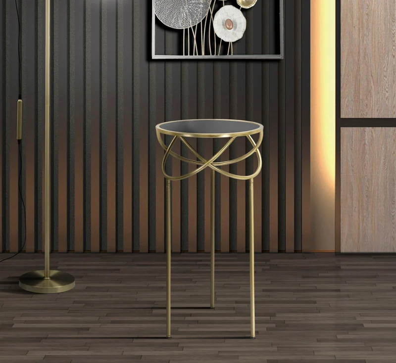 Tavolino Portatelefono in Metallo e Vetro Dorato e Nero 40x80 cm - RING