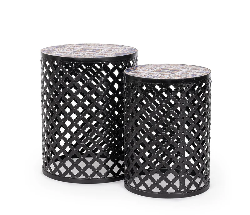 Set di 2 Tavolini Rotondi in Acciaio con Piano in Ceramica Decorata - MYKONOS
