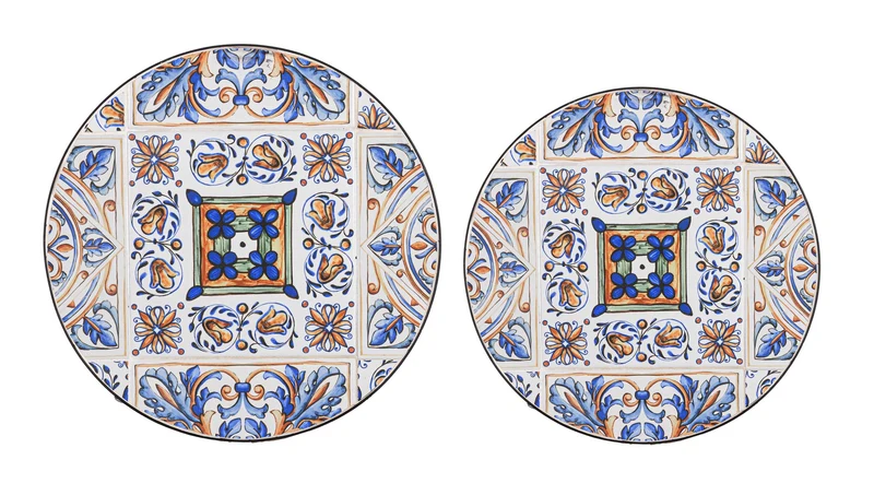Set di 2 Tavolini Rotondi in Acciaio con Piano in Ceramica Decorata - MYKONOS