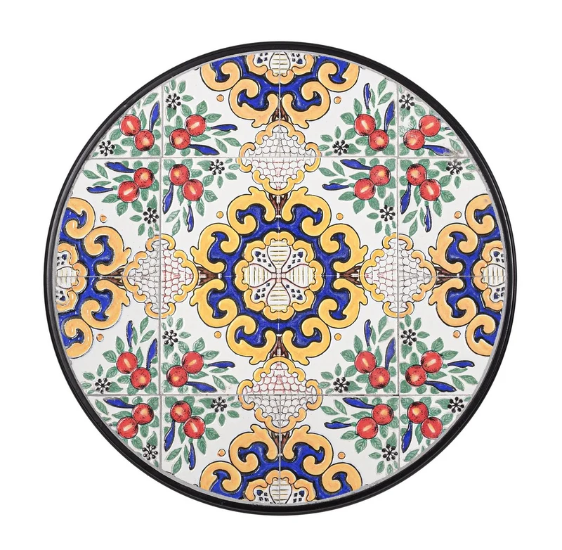 Tavolo da giardino rotondo in acciaio con piano in ceramica mosaico - SANTORINI