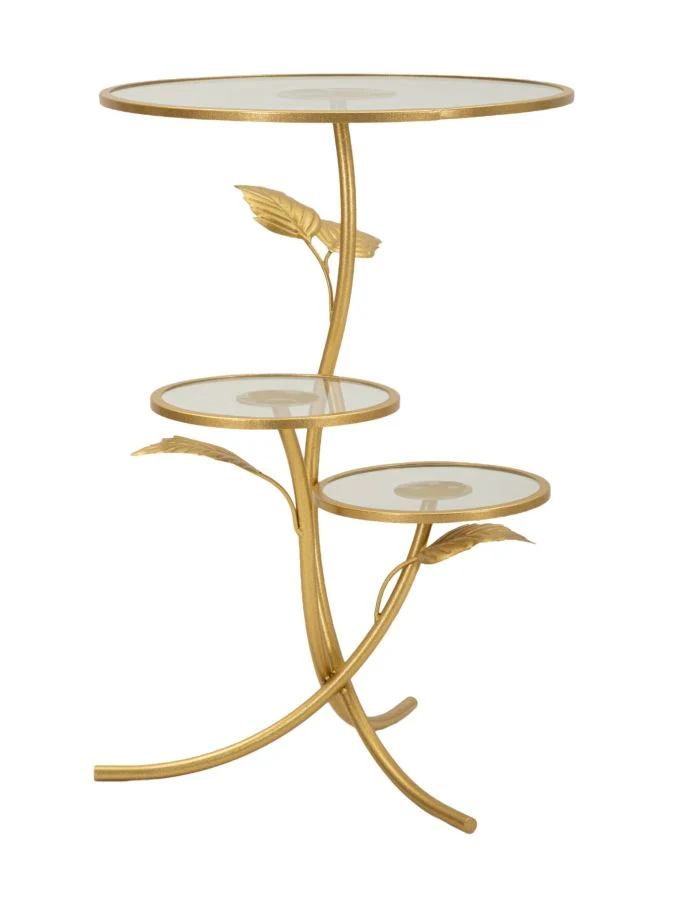 Tavolino rotondo 3 ripiani dorato con motivi foglie 54x69 cm - LEAF