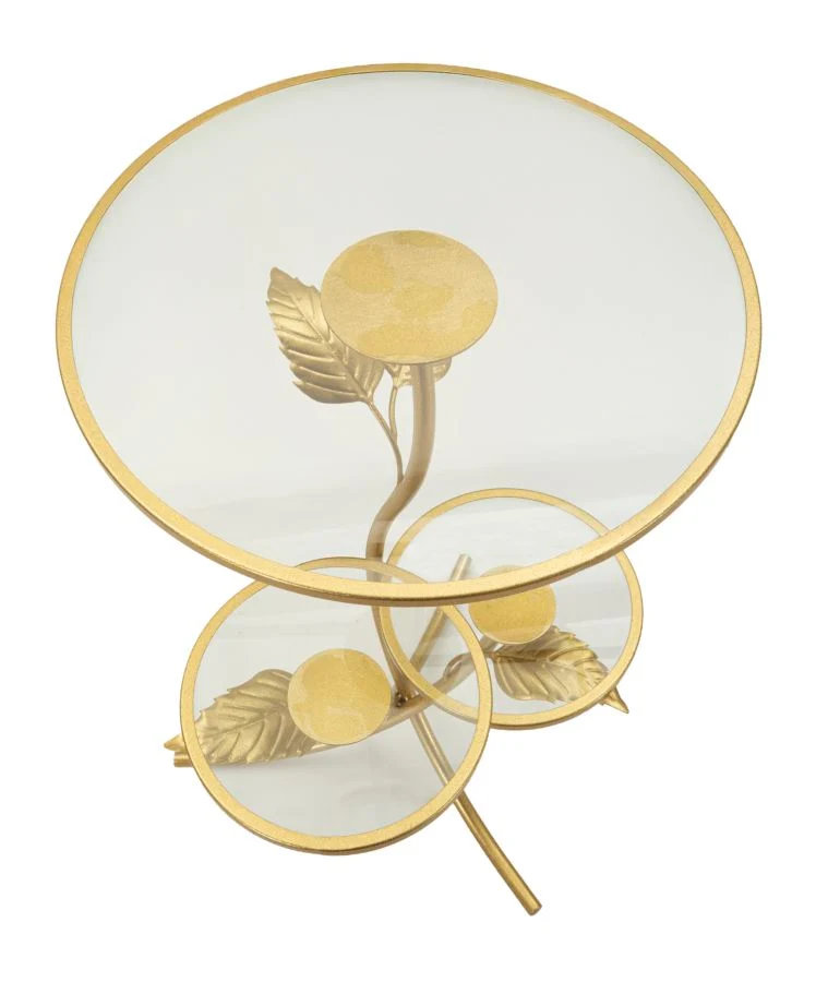 Tavolino rotondo 3 ripiani dorato con motivi foglie 54x69 cm - LEAF