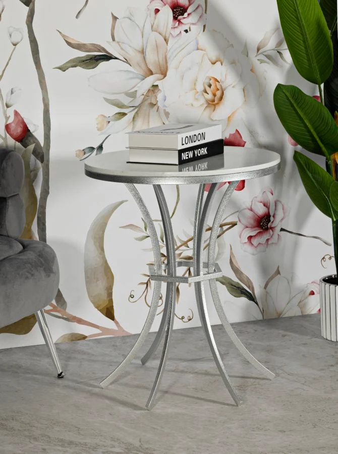 Tavolino rotondo in metallo con piano effetto marmo 56x68 cm - ISTANBUL