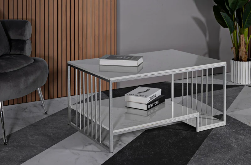 Tavolino da caffè con doppio piano effetto marmo 90x60x45 - KAYSERI