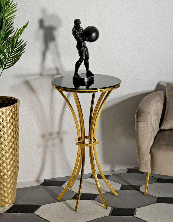 Tavolino Alto Rotondo con Piano in Vetro e Gambe Dorate - SHANTY