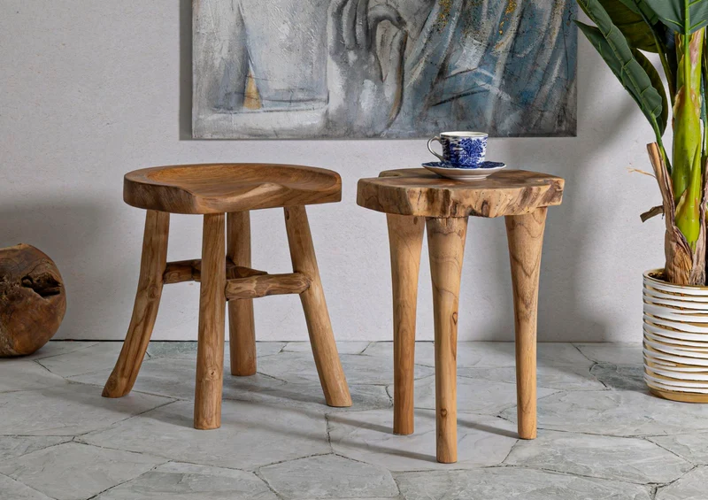 Sgabello rotondo in legno di teak riciclato 35x45 cm - KURSI
