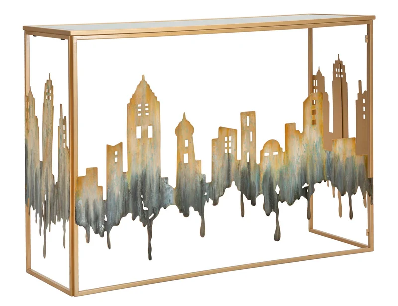 Console in Metallo Dorato con Skyline e Piano in Vetro Specchio - CITY
