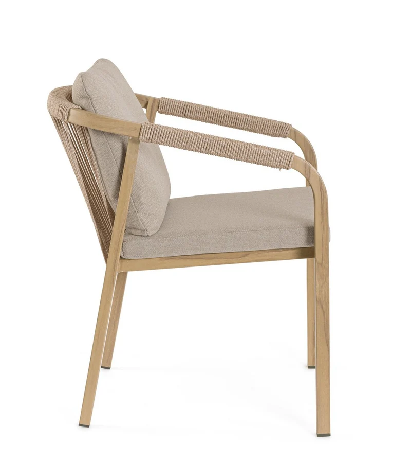 Set di 4 Sedie da Esterno con Braccioli e Cuscini in Alluminio Effetto Legno con Intreccio in Corda - KALIMERA