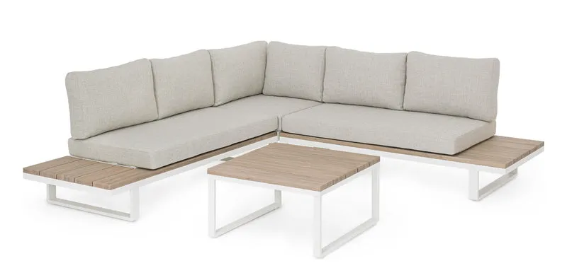 Set Salotto Angolare da Esterno con Cuscini in Alluminio ed Effetto Legno - ZELMAR