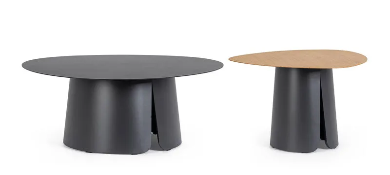Set di 2 Tavolini Rotondi in Alluminio con Piano Effetto Legno Antracite - HAYDEN