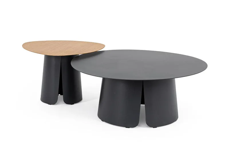 Set di 2 Tavolini Rotondi in Alluminio con Piano Effetto Legno Antracite - HAYDEN