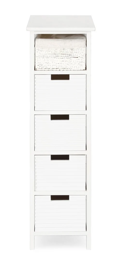 Cassettiera Alta 5 Cassetti in Legno Bianco con Intreccio - LEONIE