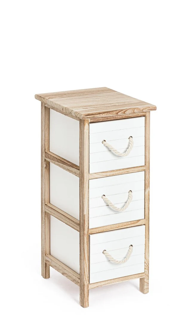 Cassettiera 3 Cassetti in Legno Naturale e Bianco con Maniglie in Corda - YVETTE