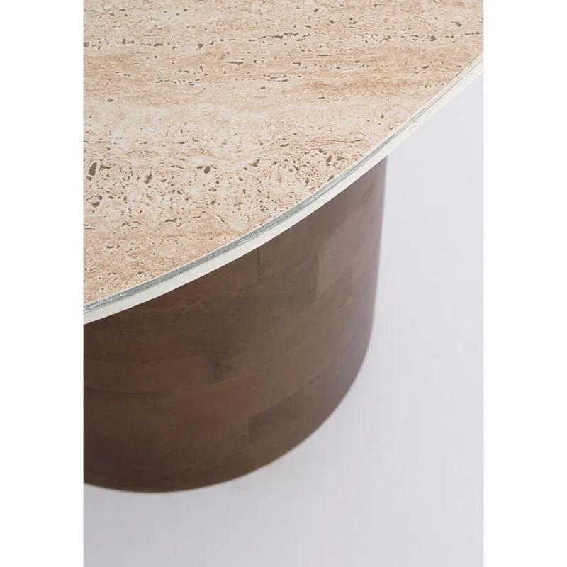 Set di 2 tavolini piano in ceramica effetto travertino e base in legno di mango - YANISHA