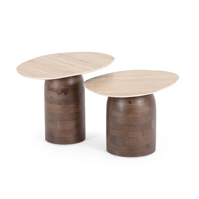 Set di 2 tavolini piano in ceramica effetto travertino e base in legno di mango - YANISHA