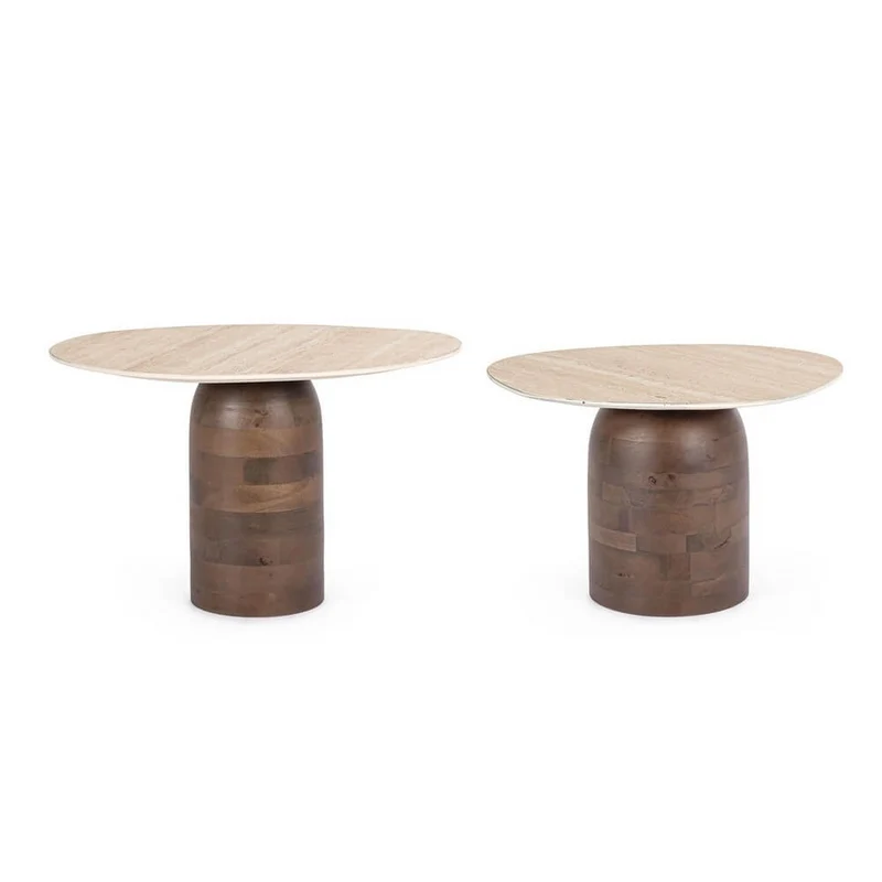 Set di 2 tavolini piano in ceramica effetto travertino e base in legno di mango - YANISHA