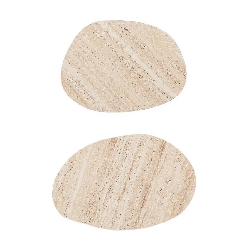 Set di 2 tavolini piano in ceramica effetto travertino e base in legno di mango - YANISHA