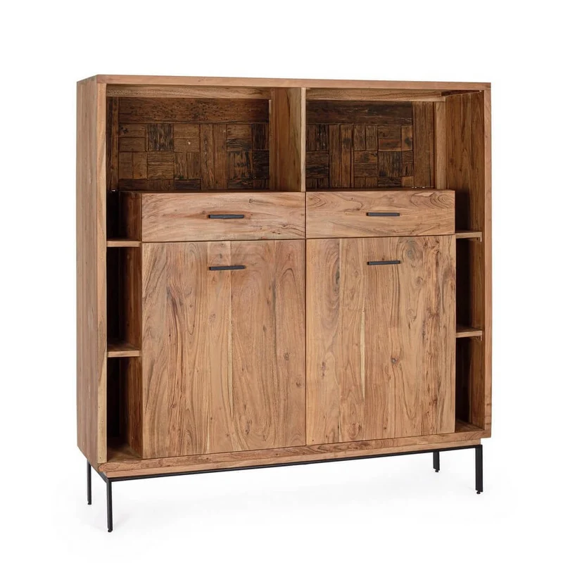 Credenza Alta 2 Ante 2 Cassetti in Legno di Acacia con Gambe in Acciaio - MANGAL