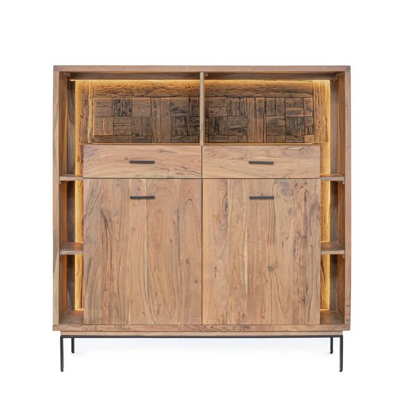 Credenza Alta 2 Ante 2 Cassetti in Legno di Acacia con Gambe in Acciaio - MANGAL