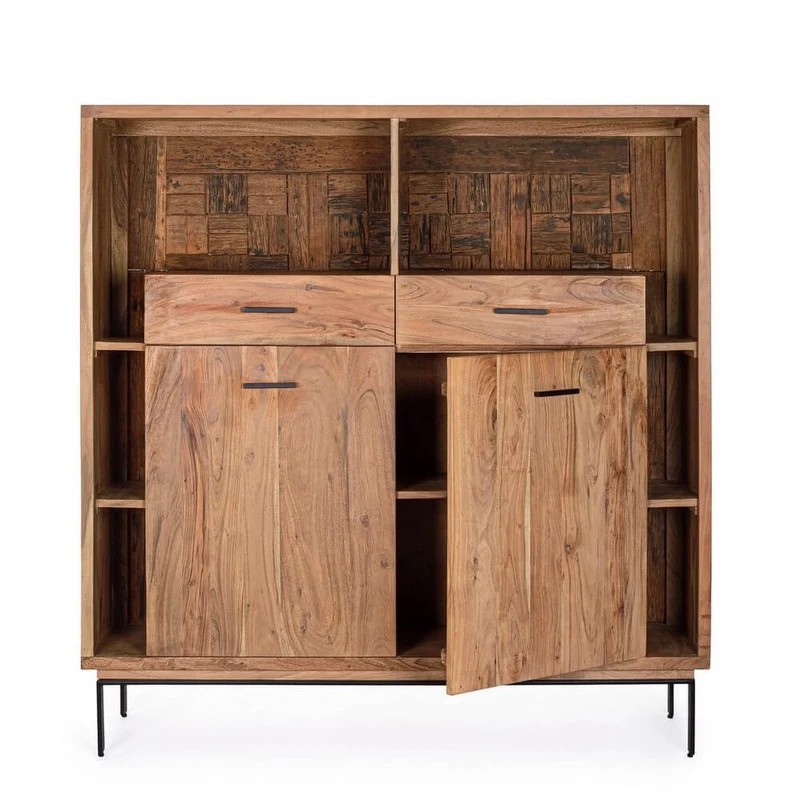 Credenza Alta 2 Ante 2 Cassetti in Legno di Acacia con Gambe in Acciaio - MANGAL