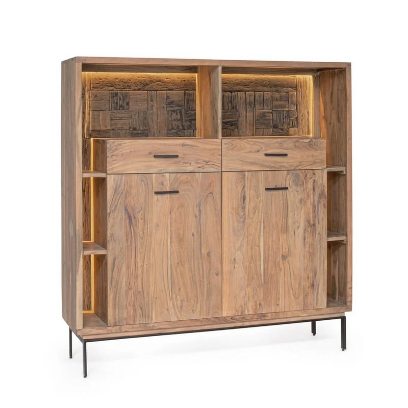Credenza Alta 2 Ante 2 Cassetti in Legno di Acacia con Gambe in Acciaio - MANGAL