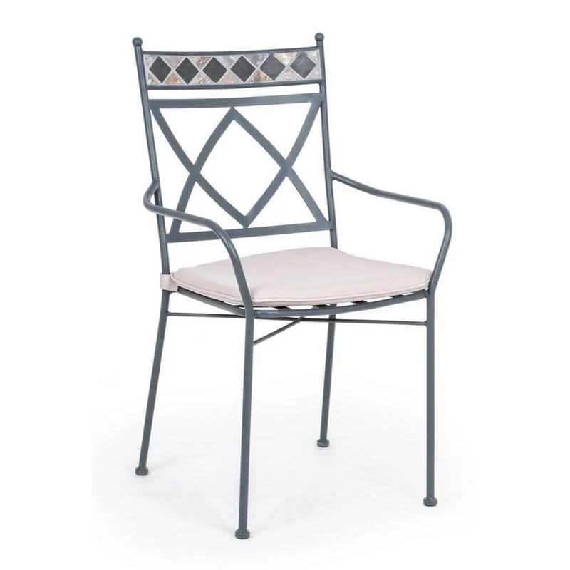 Set di 4 Sedie da Giardino in Acciaio con Braccioli Cuscino e Inserto in Ceramica a Mosaico - BERKLEY
