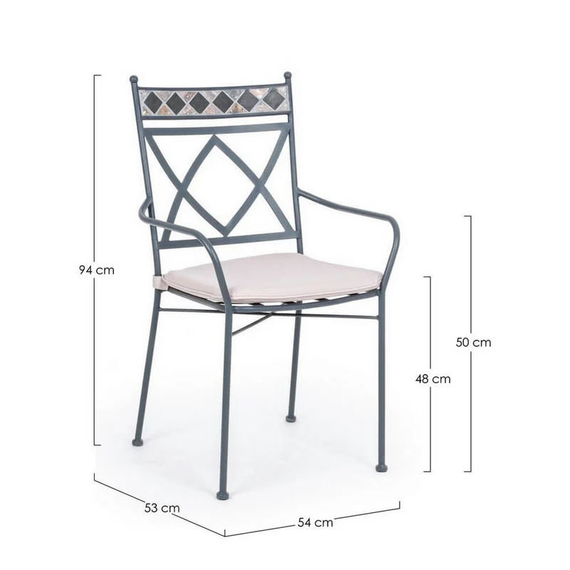 Set di 4 Sedie da Giardino in Acciaio con Braccioli Cuscino e Inserto in Ceramica a Mosaico - BERKLEY