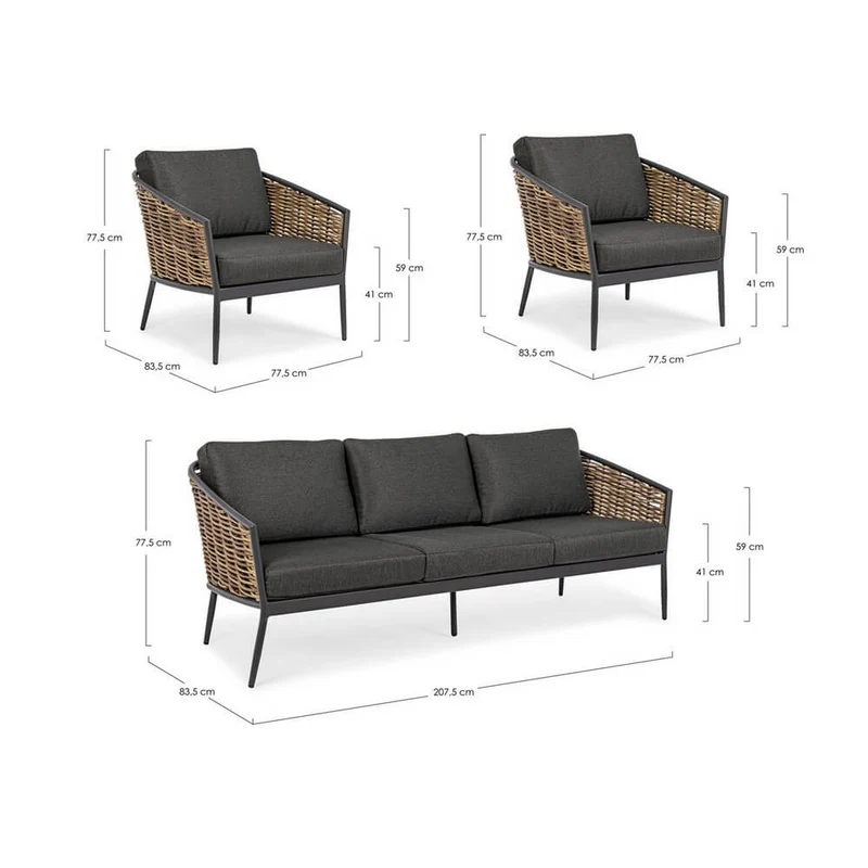 Set da 3 Posti Salotto da Esterno in Fibra Sintetica con Cuscini - MARIBELA