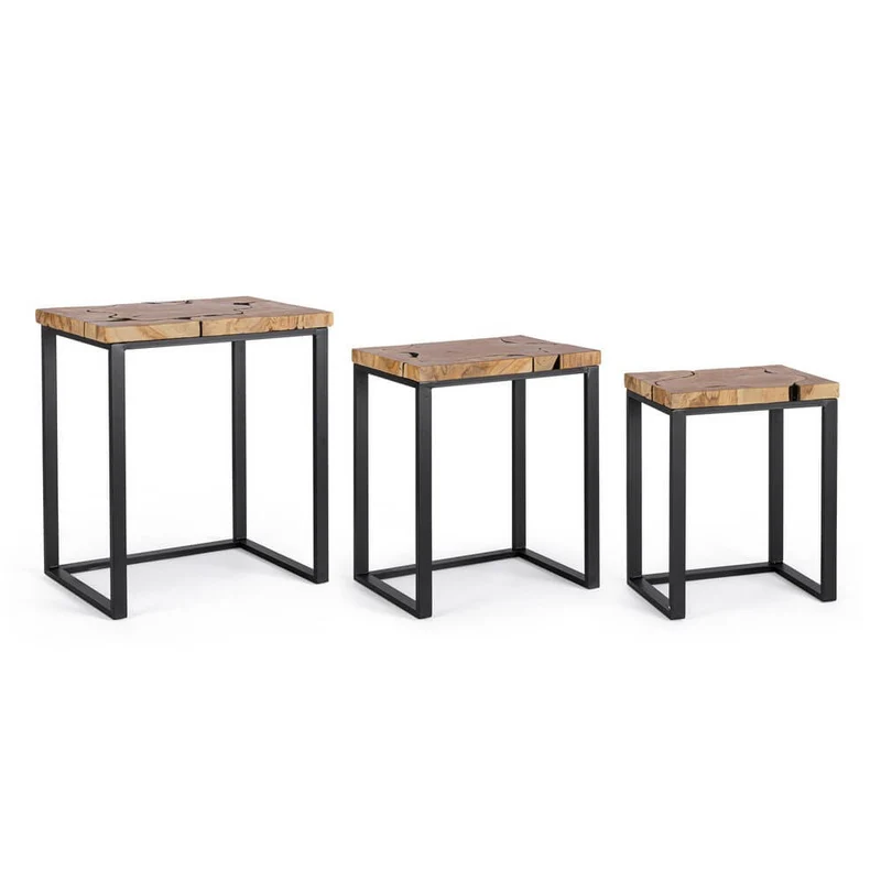 Set da 3 Tavolini in Radica di Teak e Acciaio Verniciato - MIRANDA
