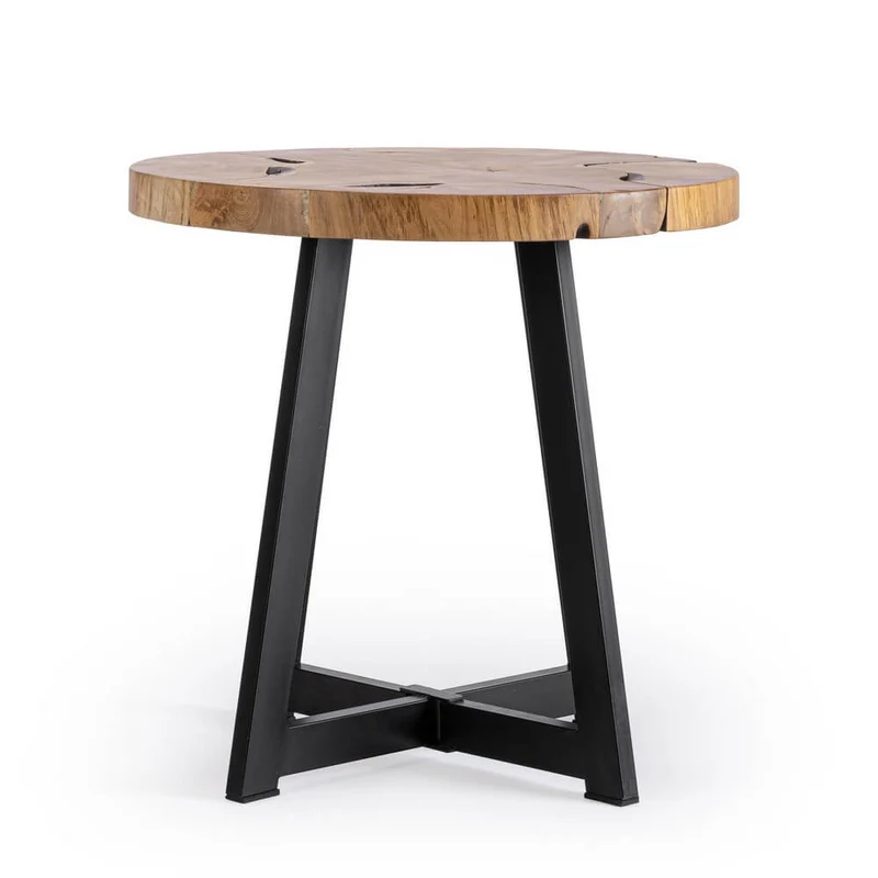 Tavolino rotondo in radica di teak con gambe in acciaio - MIRANDA