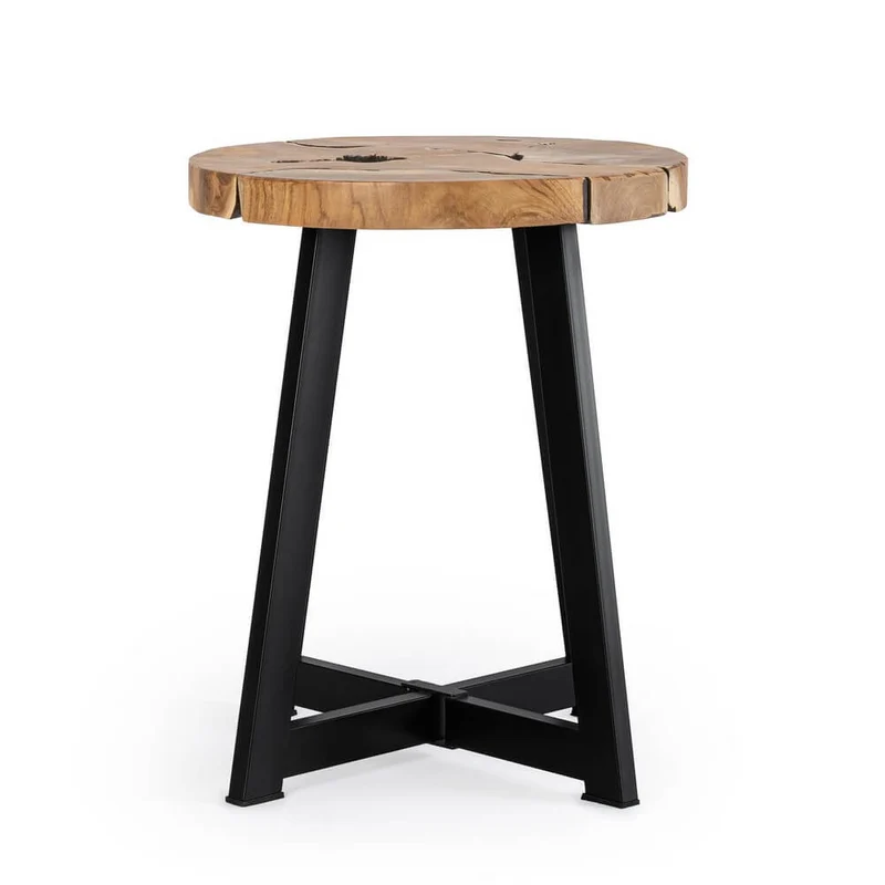Tavolino Rotondo in Radica di Teak con Gambe in Acciaio - MIRANDA