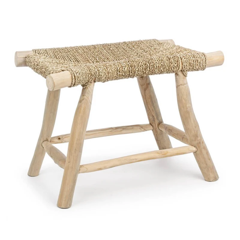 Sgabello in Legno di Teak con Seduta Intrecciata in Fibra Naturale - NEWTON