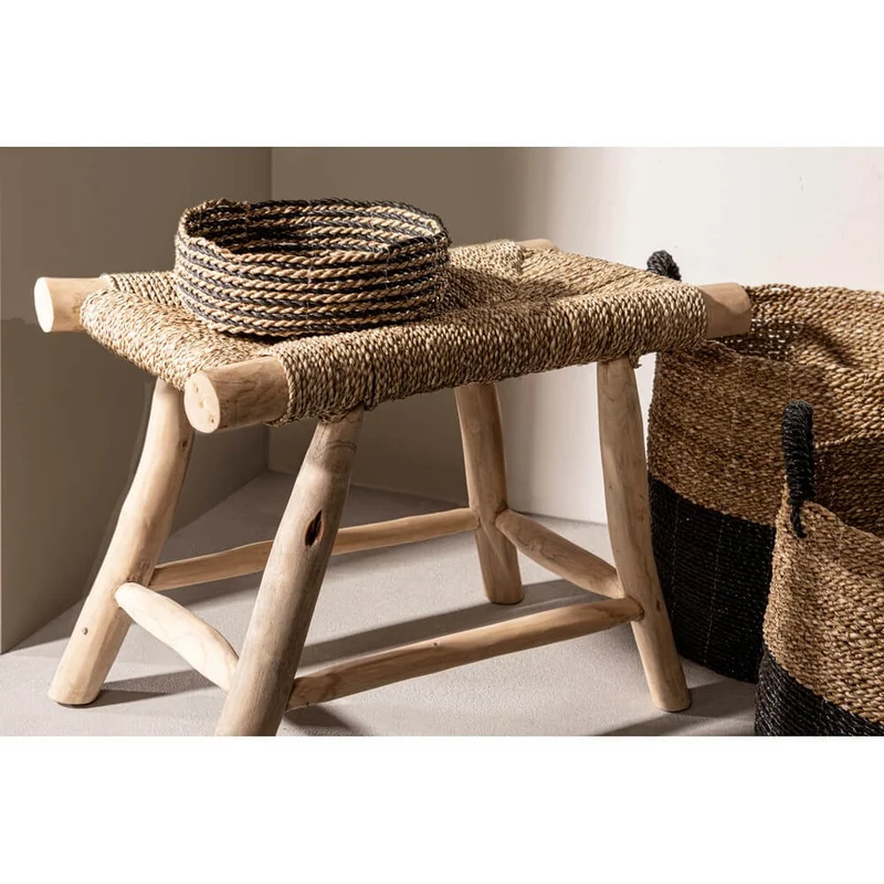 Sgabello in Legno di Teak con Seduta Intrecciata in Fibra Naturale - NEWTON