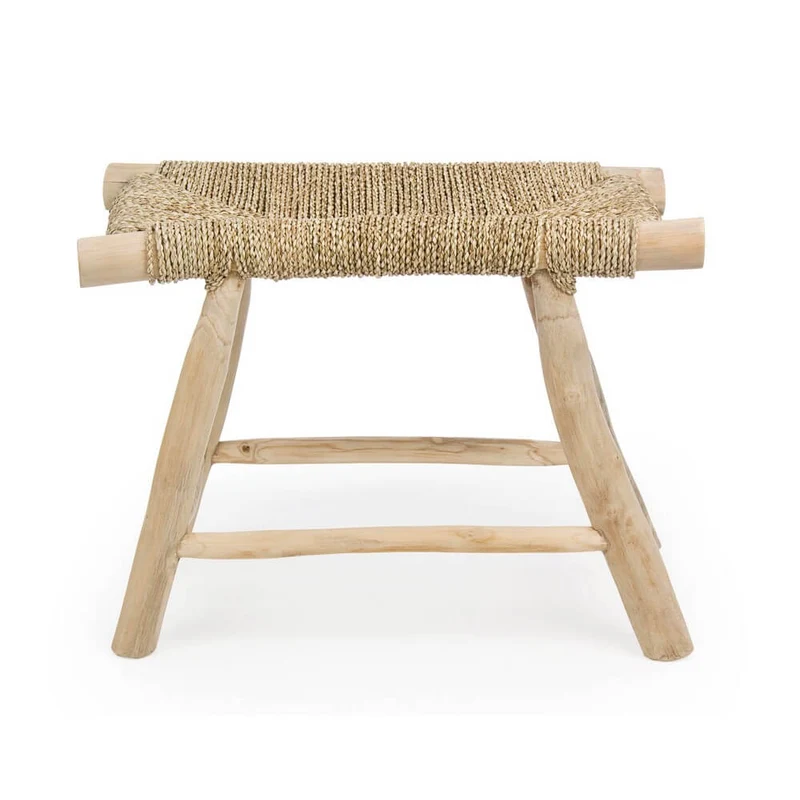 Sgabello in Legno di Teak con Seduta Intrecciata in Fibra Naturale - NEWTON