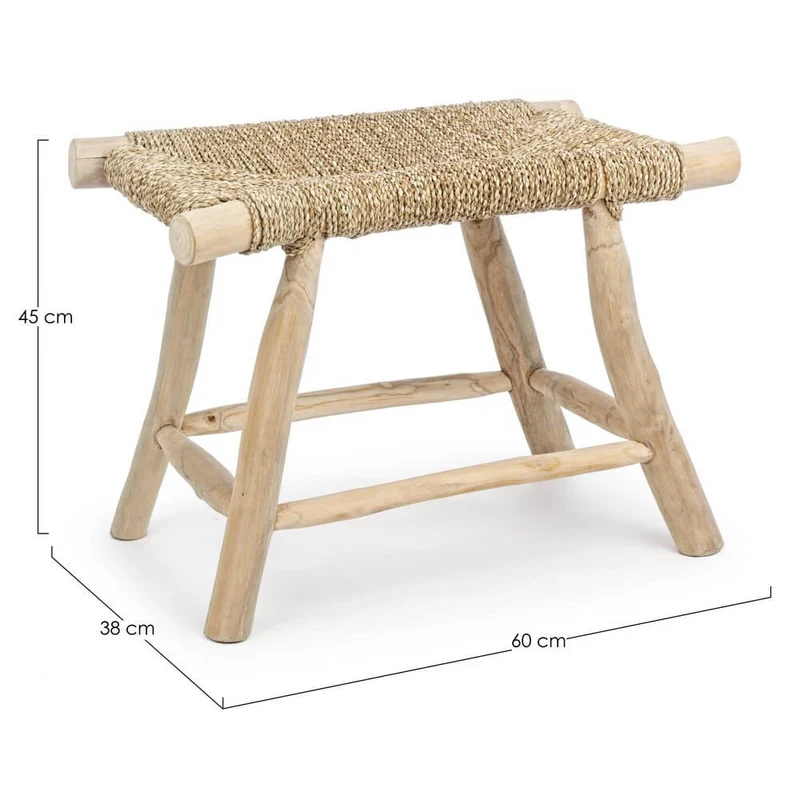 Sgabello in Legno di Teak con Seduta Intrecciata in Fibra Naturale - NEWTON