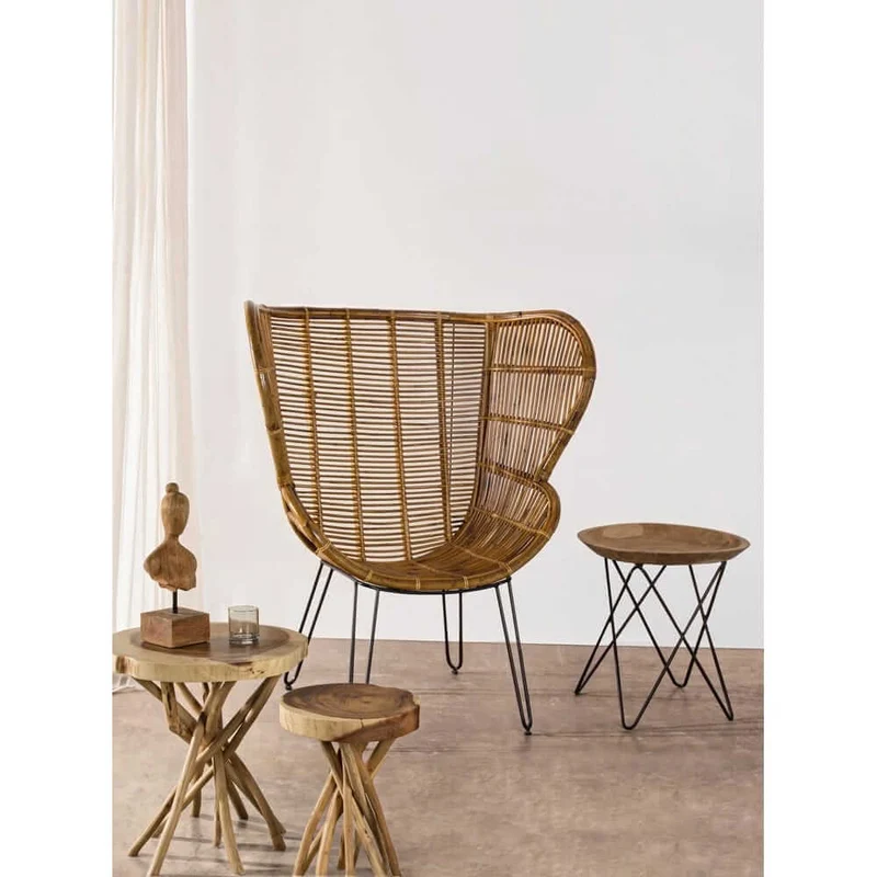 Tavolino rotondo in radica di teak con gambe in acciaio nero - LUNA