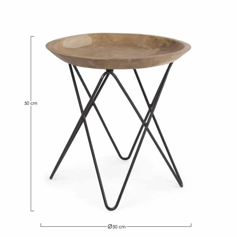 Tavolino rotondo in radica di teak con gambe in acciaio nero - LUNA