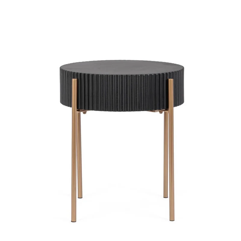 Tavolino rotondo nero con gambe in acciaio dorato stile art déco - LUCIA