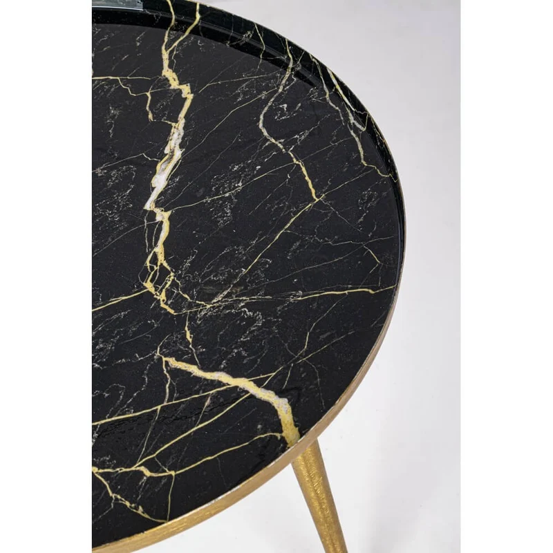Tavolino rotondo in metallo dorato con piano effetto marmo nero - KALEB
